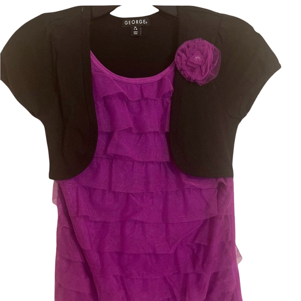 Beautiful purple ruffled short sleeve top with black attached sweater 7/8